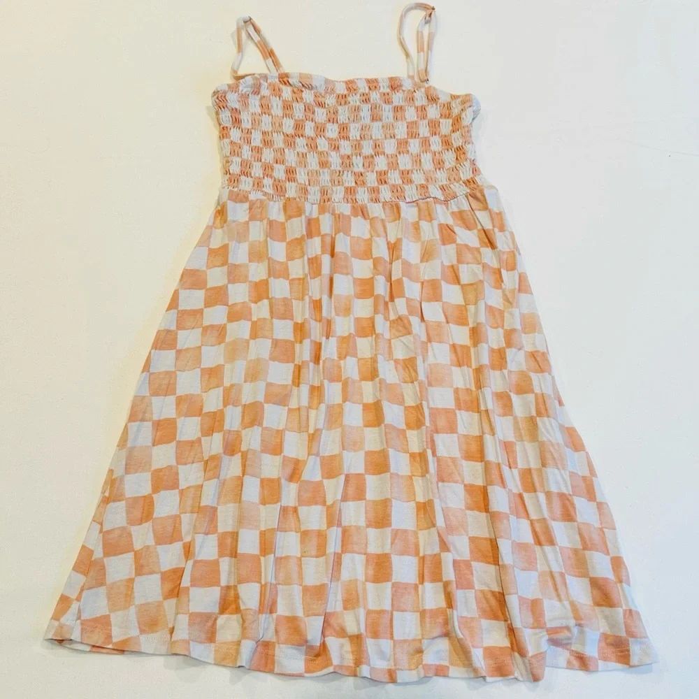 Forever 21 Girls Orange White Checkered Spaghetti Straps Sun Dress Size Small
